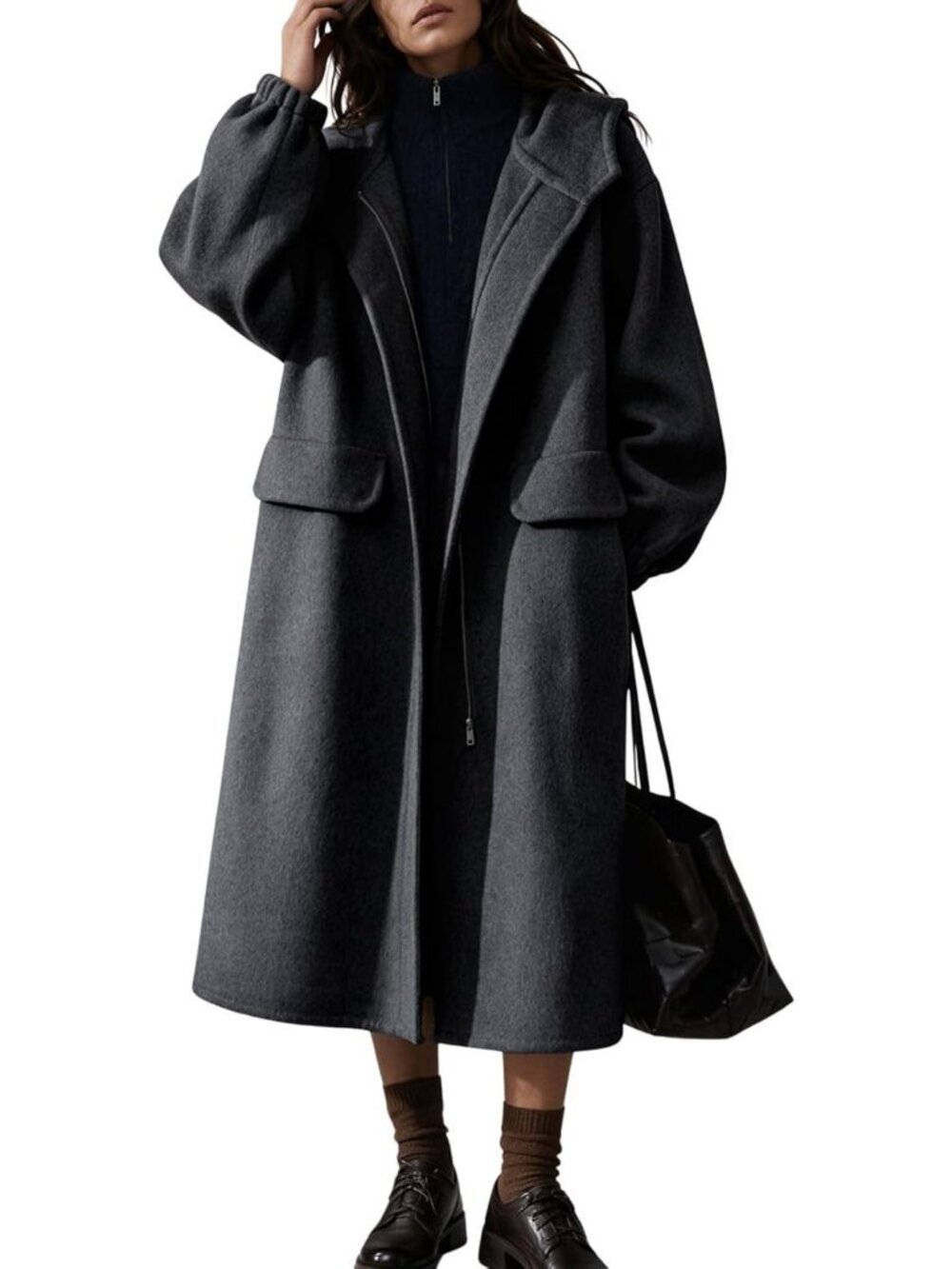Cozy Oversized Hooded Wool Coat for Women - Zip Up Long Winter Outerwear